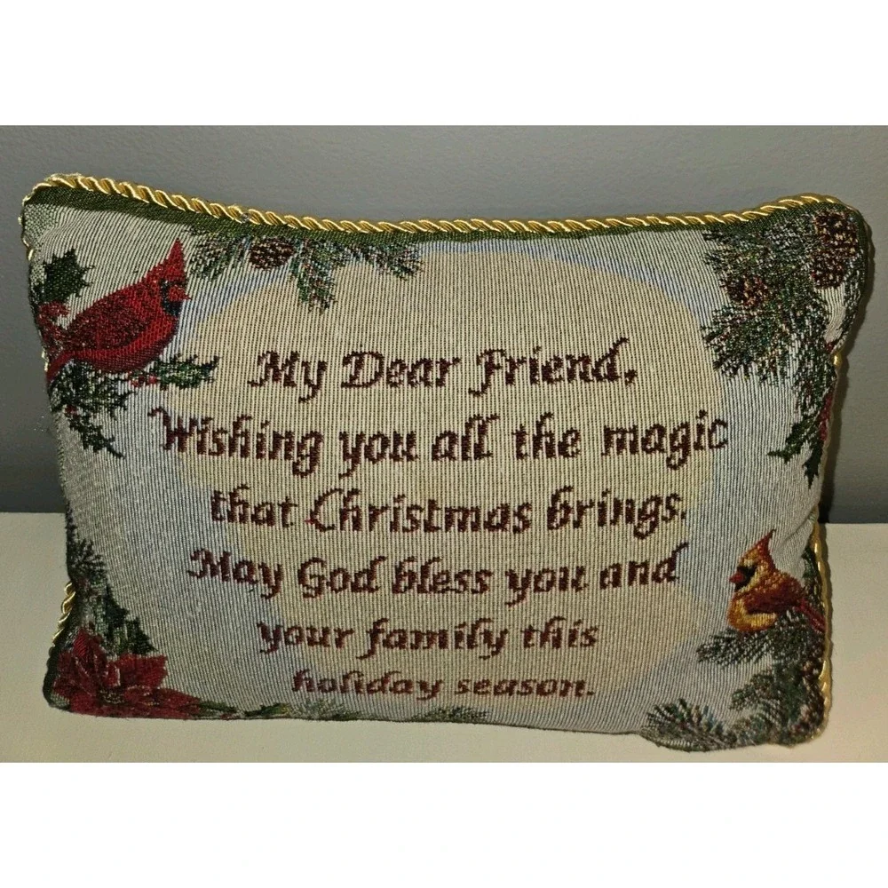 Christmas Tapestry Pillow Cardinal‎ Bird Holiday Friend Blessing Gold Rope Trim